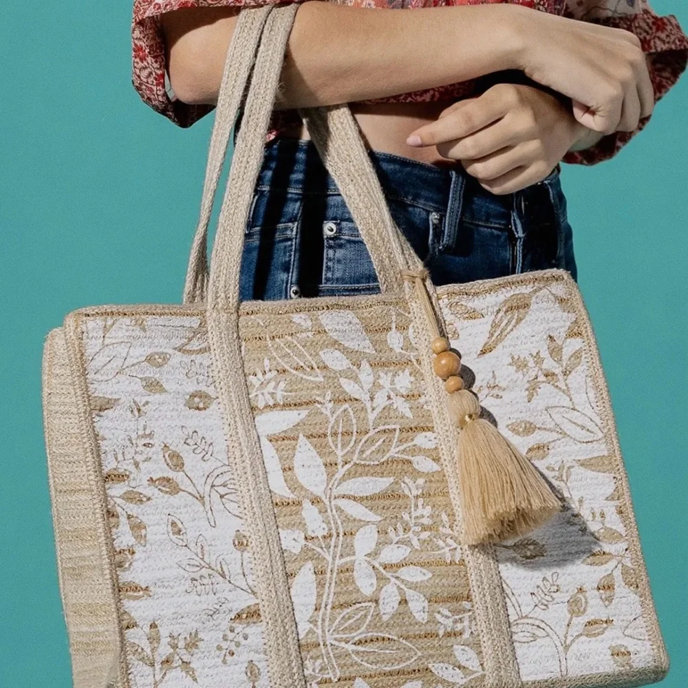 Jute Shoulder Floral Bag Beige NWT - Picture 10 of 16